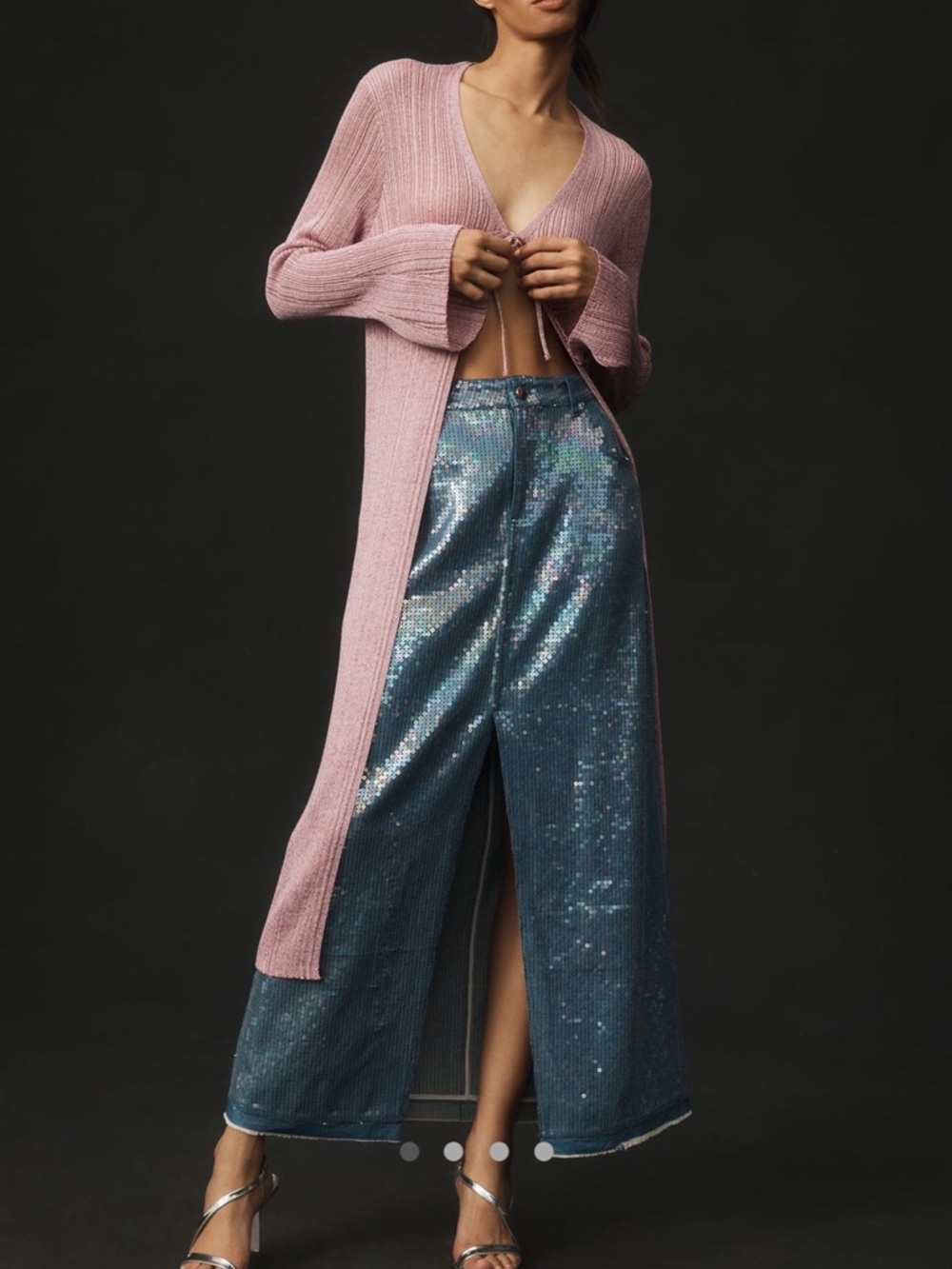 Anthropologie Ribbed Knit Tie-Front Maxi Sweater Duster in Dusty Rose